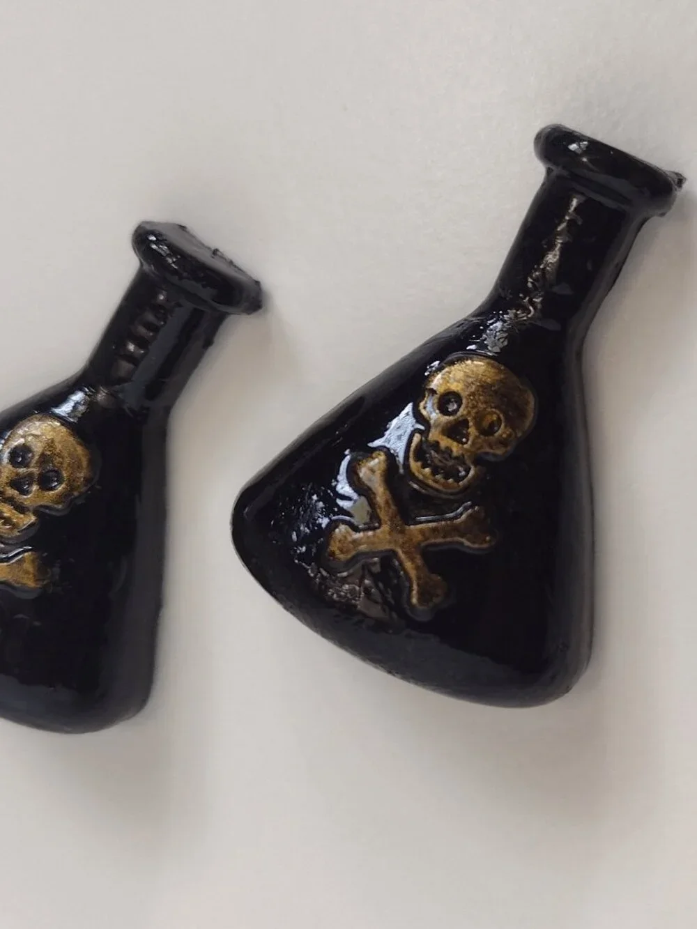 2 Black & Gold Gothic Halloween Apothecary Bottles, Jolly Roger Skull, Flat-back